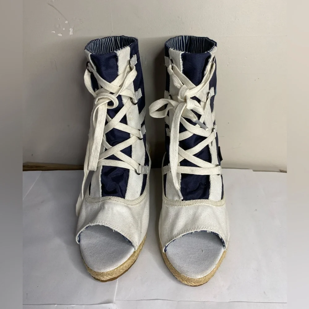 NWOT Pajar Nautical Navy Canvas Lace Up Espadrille Wedge Bootie Sandals 7
